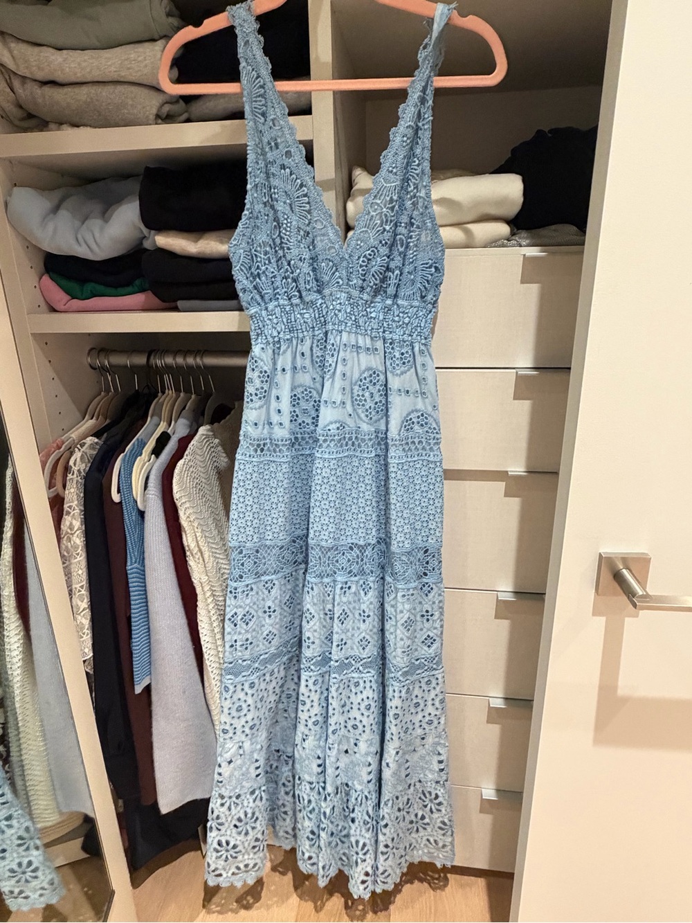 Light Blue Crochet Maxi Dress with Smocked Waist